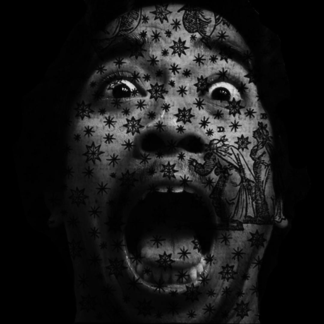 a black and white self-portrait in which I’m opening my mouth, eyes, and nostrils as wide as possible. Speckled across my skin are illustrated stars, and two illustrated figures stand to the right of my mouth, one of which almost falls into my mouth.