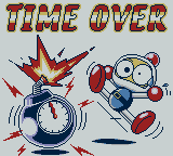 A screenshot of the "Time Over!" screen from Blue Challenger, with Bomberman, eyes bugged out and looking shocked, reacting to a clock that's also a bomb getting ready to go off. "Time Over" is written in all caps above Bomberman.