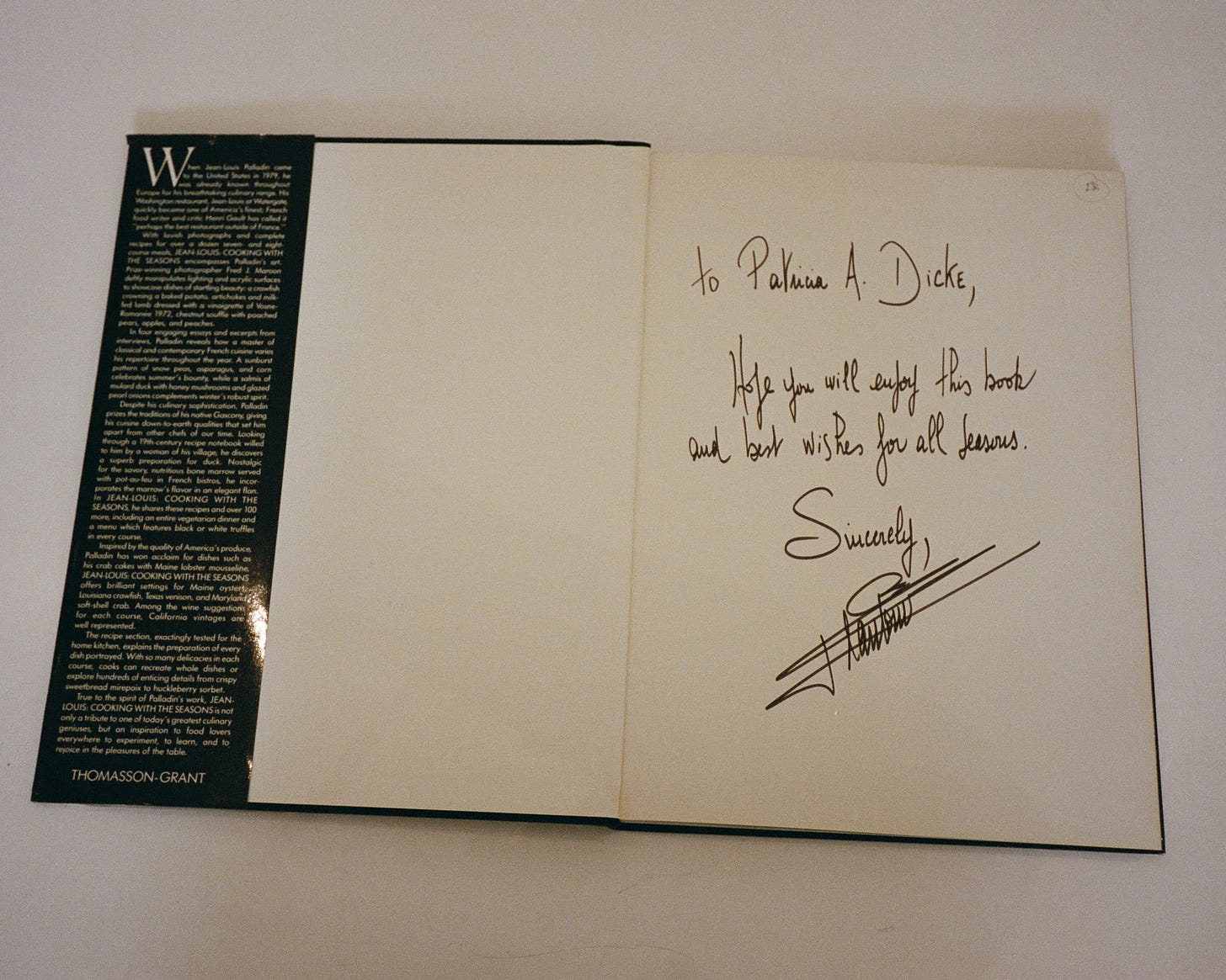 Jean-Louis Palladin's signature in the front flap of Aquino's copy of Jean-Louis, Cooking With the Seasons