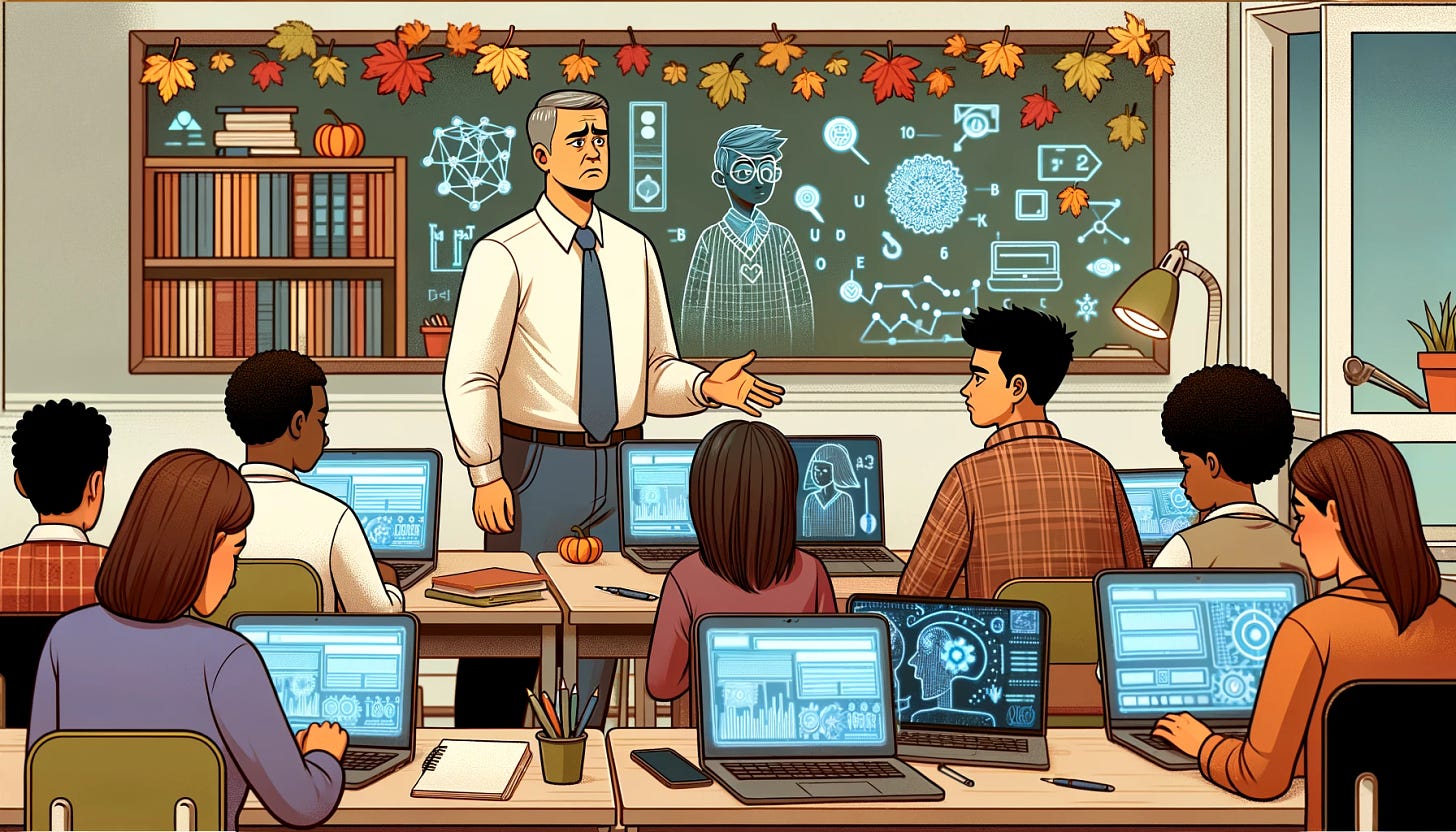A classroom scene in the fall with a teacher looking frustrated and concerned, while students are using powerful AI tools on their laptops and tablets. The teacher stands at the front of the class, holding a lesson plan, with a mix of confusion and worry on their face. Students, instead of paying attention to the lesson, are distracted by the AI tools, showing disengagement and apathy. The classroom has autumn decorations, with leaves and pumpkins, hinting at the fall season. The overall atmosphere is tense and uneasy.