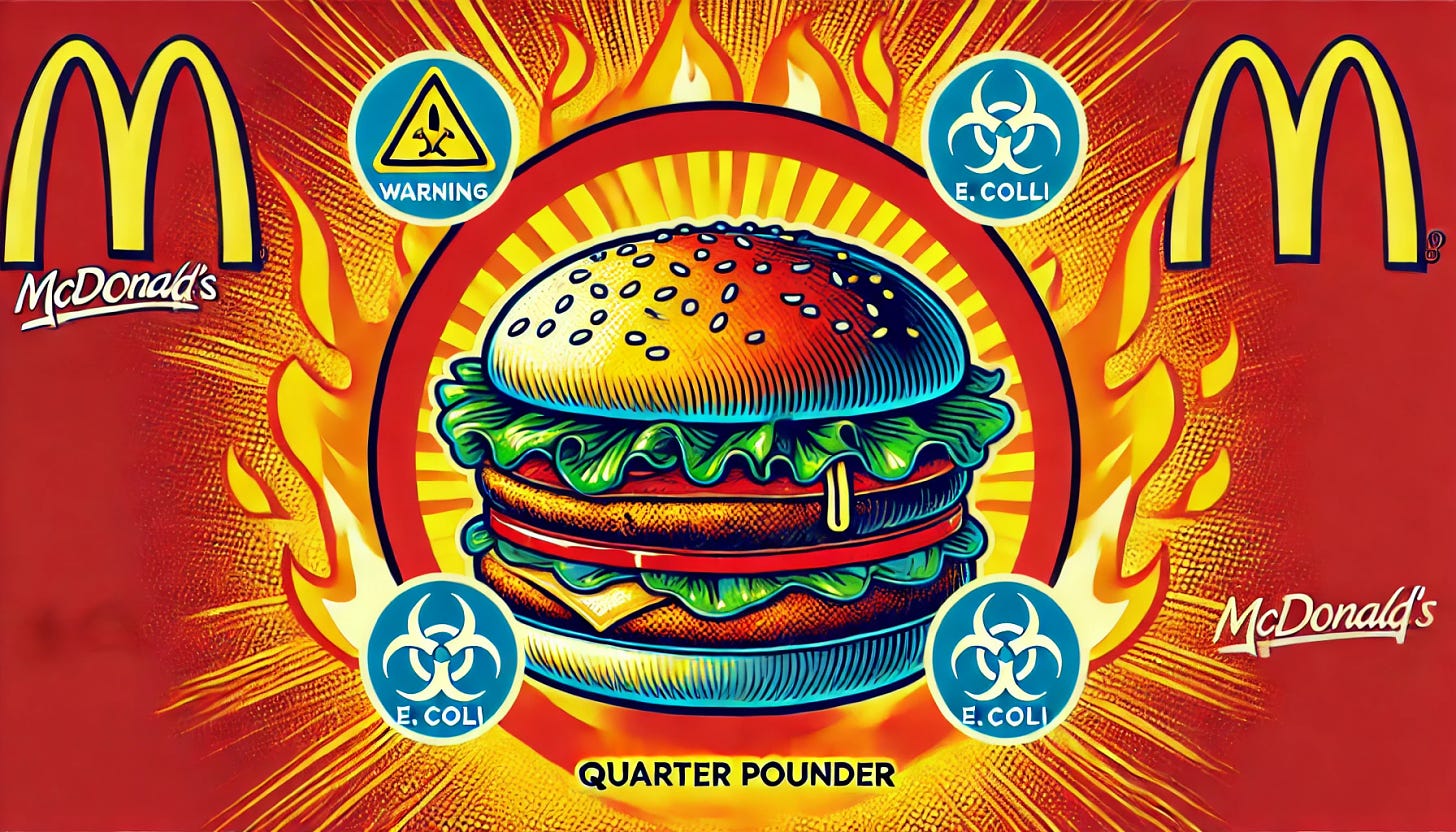 A vibrant, pop-art style illustration of a McDonald's burger (specifically a Quarter Pounder) with a sense of controversy. The image shows warning signs, bacteria symbols like E. Coli, and a feeling of concern surrounding the burger. The iconic McDonald's logo is in the background, with elements of flames or a target signifying the company under fire. The atmosphere should feel tense and alarming.