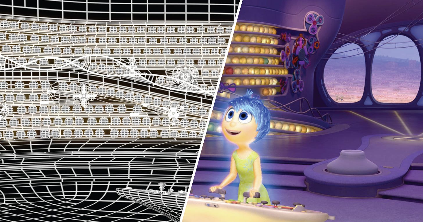 The wireframe in left half of this frame from Inside Out is a visualization of the data that define the scene. The right side is the final rendered image.