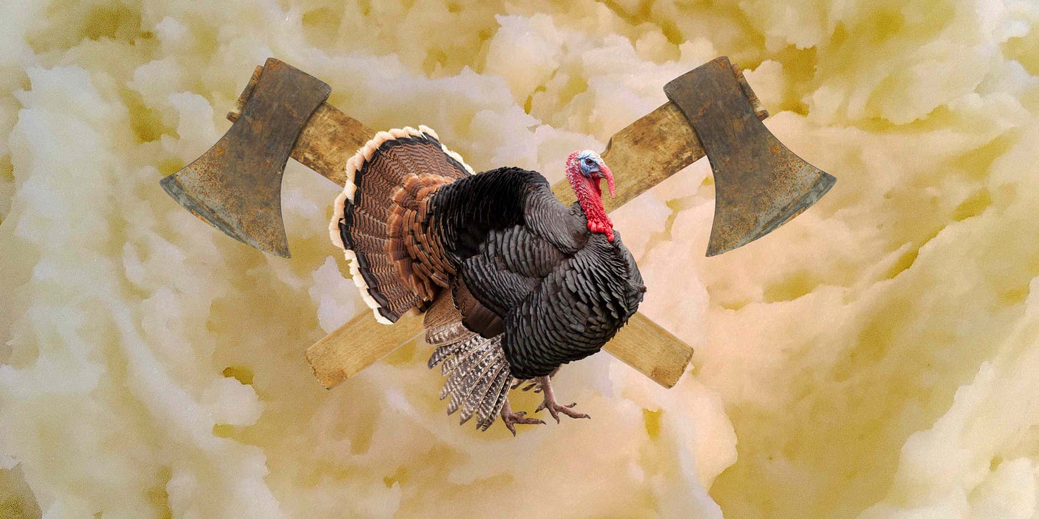 A turkey stands in front of two axes against a background of white mashed potatoes 