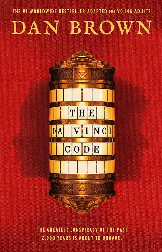 This may contain: the davinci code by dan brown on a red book cover with gold lettering