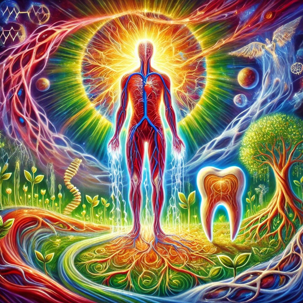 A vibrant oil painting depicting the interconnectedness of health and nature. The scene features a glowing human-like form made of flowing energy, standing in a lush, radiant landscape. Around the figure, streams of vibrant colors represent blood flow, energy fields, and emotional patterns. In the foreground, a detailed close-up of a tooth-like structure connecting to roots and meridians intertwined with glowing plants. The background features dynamic, swirling patterns of light and shadow, symbolizing the progression of disease and healing potential. The painting is rich in bold colors, with expressive strokes, emphasizing the harmony between body, mind, and energy fields.