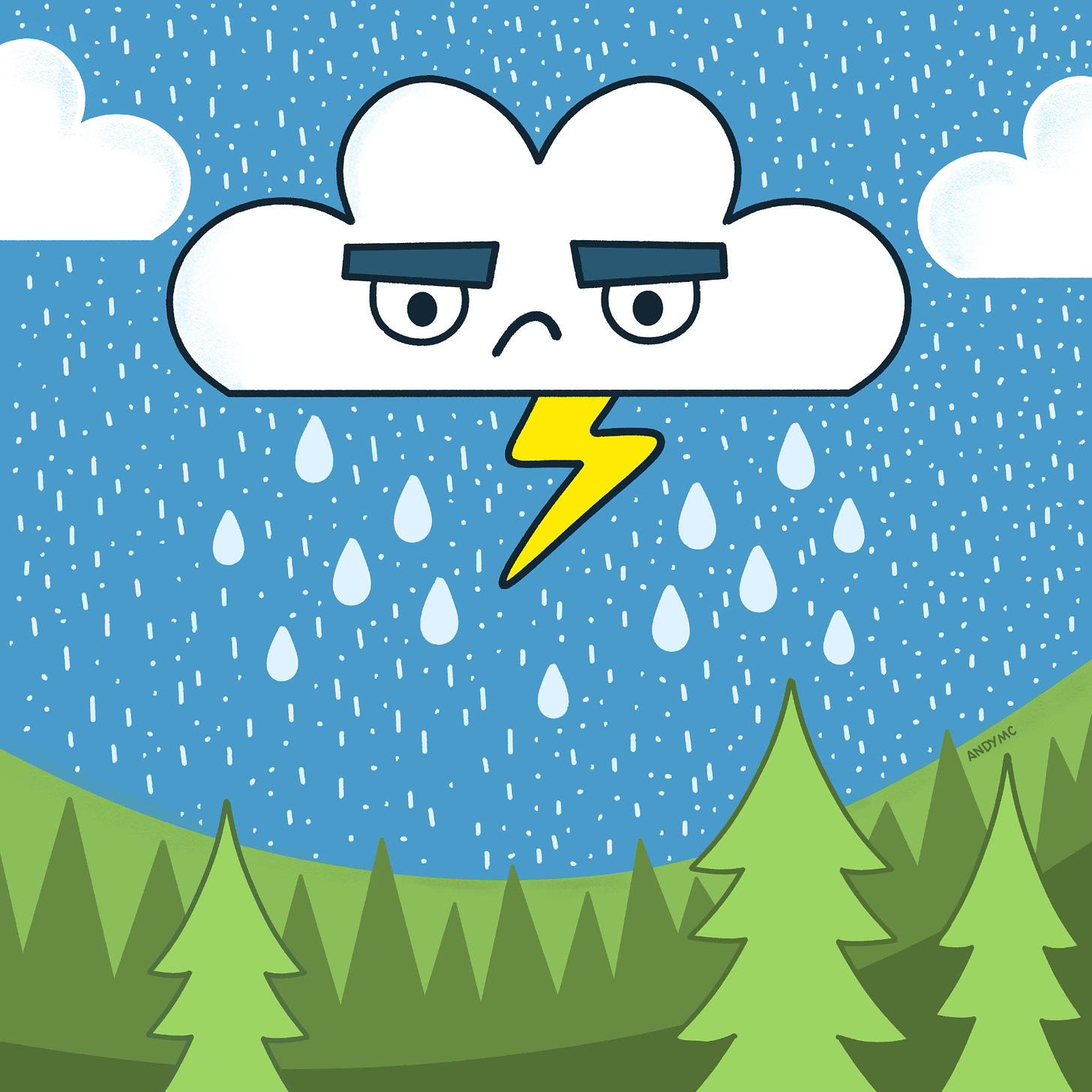 an illustration of a grumpy cloud dropping rain on a forrest