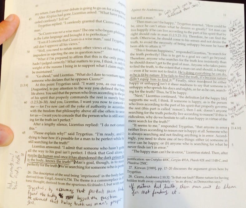 My own markings from 2008 in my copy of Augustine's Against the Academicians. (This is a great visual demonstration of why I no longer use pen to mark in my books.)