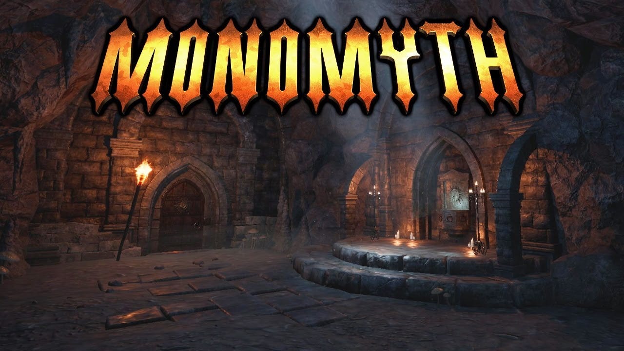 Cover art for the upcoming game Monomyth, showing an underground dungeon, a closed door to the left, and an elaborate water fountain in a platform to the right.
