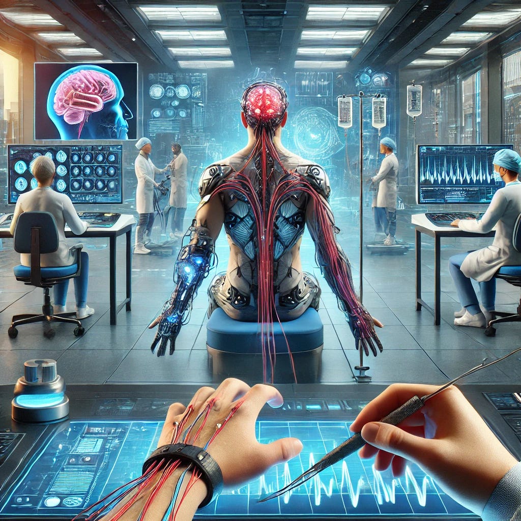 A futuristic medical setting showing a patient undergoing deep brain stimulation (DBS) therapy to regain arm and hand movement after a brain injury. The scene highlights advanced neural technology with electrodes connected to the brain, while the patient demonstrates improved motor control, such as gripping an object. The background shows a modern clinical environment with medical professionals monitoring the procedure on high-tech screens displaying brain activity and movement improvements. The overall tone is hopeful and optimistic, emphasizing the positive impact of DBS on recovery.