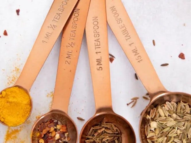 Brass metric measuring spoons with various spices