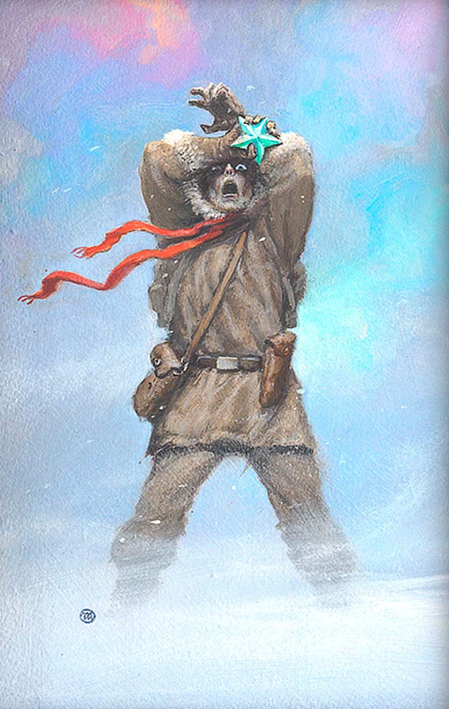 An arctic explorer holds hands crossing over his eyes. He holds a green 5-pointed star. His red scarf trails in the wind against a background of pink and blue as snow swirls around his legs.