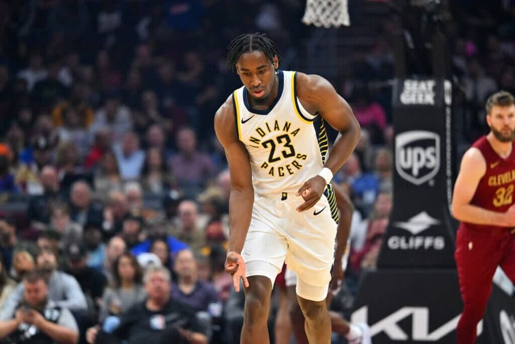 CLEVELAND, OHIO - OCTOBER 28: Aaron Nesmith #23 of the Indiana Pacers celebrates after scoring during the first half against the Cleveland Cavaliers at Rocket Mortgage Fieldhouse on October 28, 2023 in Cleveland, Ohio. NOTE TO USER: User expressly acknowledges and agrees that, by downloading and or using this photograph, User is consenting to the terms and conditions of the Getty Images License Agreement. (Photo by Jason Miller/Getty Images)