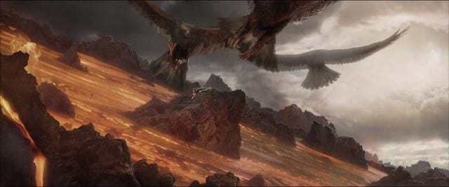 three eagles about to pick up frodo and sam from mount doom