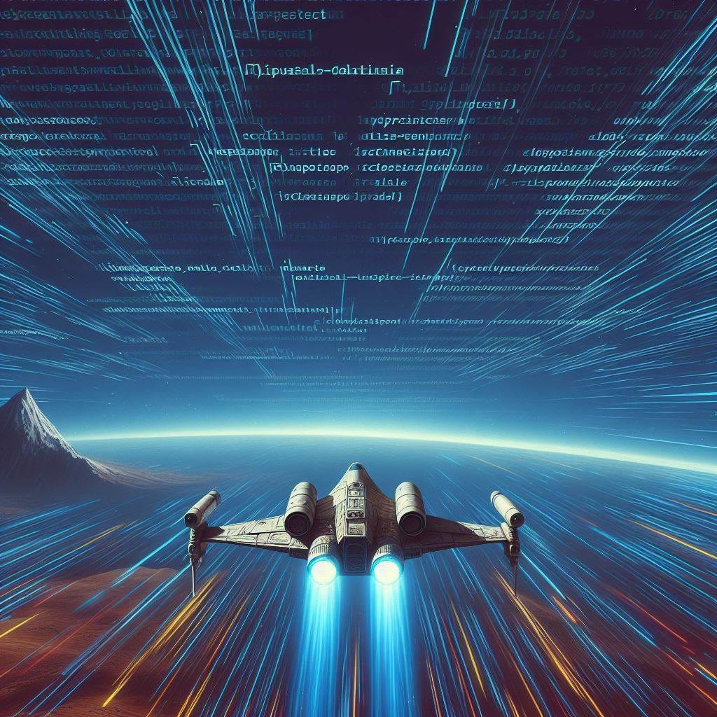 Image for blog post with Spaceship going into unchartered territory with lines of powershell