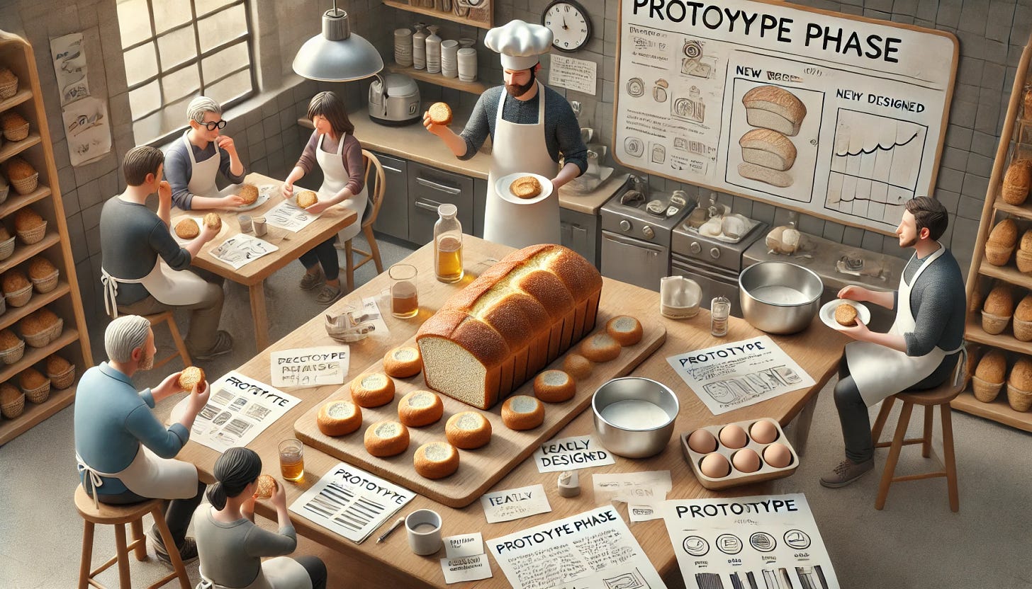 An image showing the Prototype phase for a bakery testing a new bread recipe. The image includes a small batch of newly designed bread loaves on a kitchen counter. The baker, wearing an apron and chef's hat, is interacting with a few selected customers and stakeholders who are tasting the bread and giving feedback. The scene also includes notes and baking equipment like mixing bowls and measuring cups. The bakery kitchen is cozy and well-lit, with a focus on early product design and user feedback.