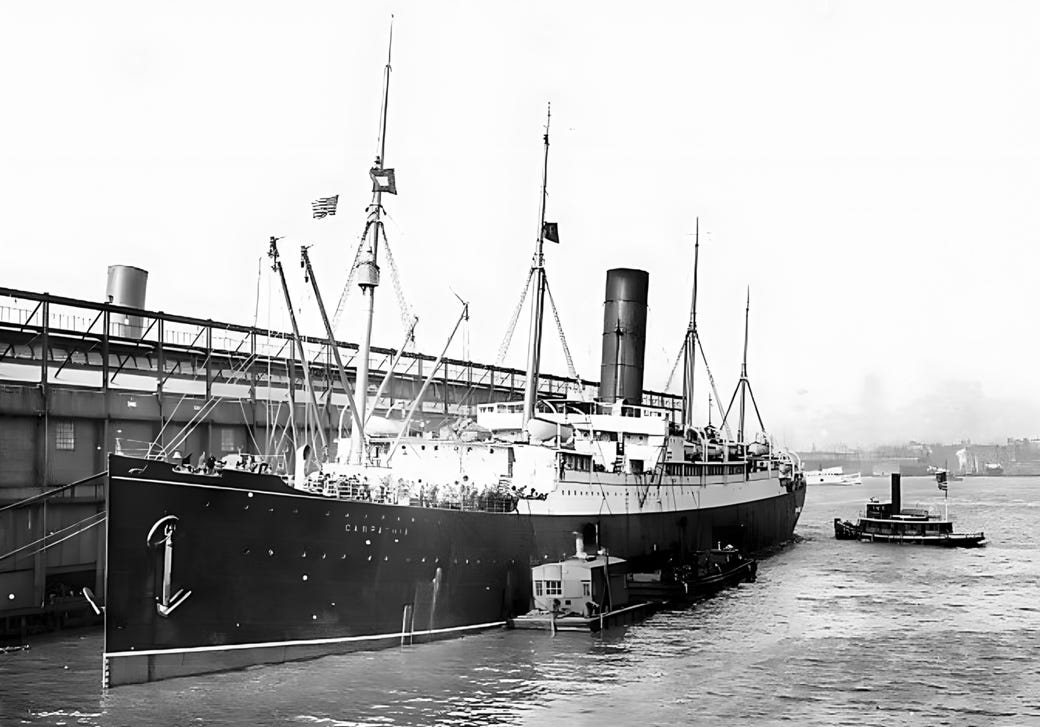 The Carpathia docked at Pier 54 after arrival in New York City with the Titanic survivors, 19 April 1912, public domain, via Wikimedia Commons (enhanced)