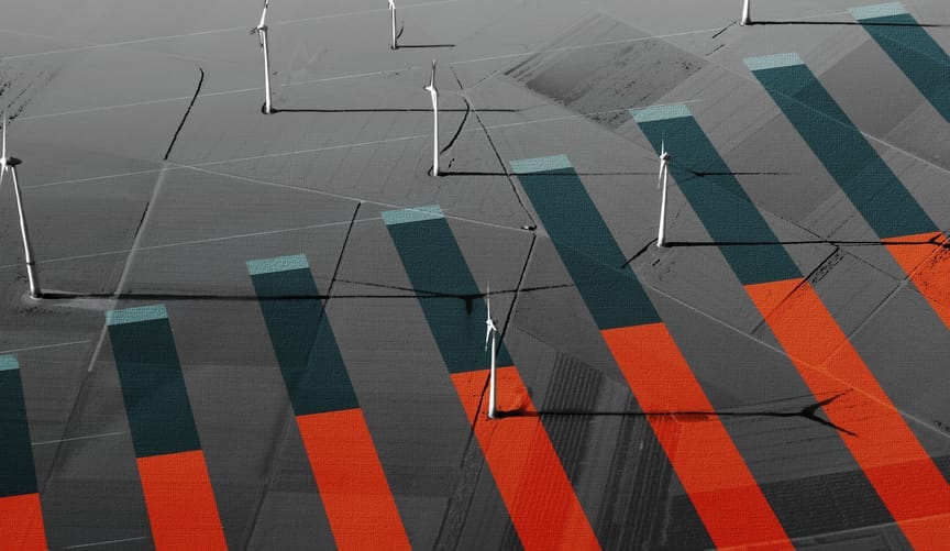 a bar graph superimposed over an aerial photo of an onshore wind farm