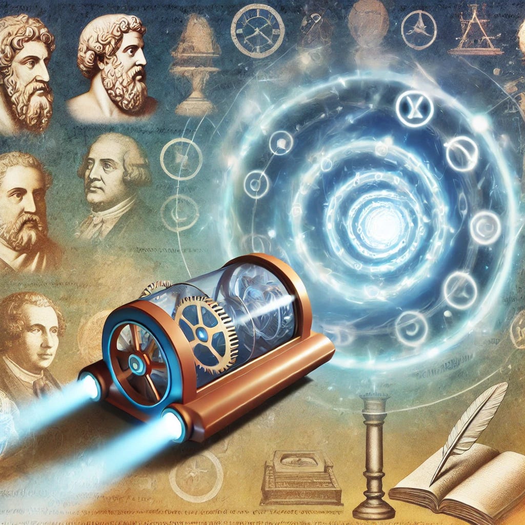 An imaginative image of a time machine set against a backdrop of various iconic symbols from the history of thought and philosophy. The time machine has a futuristic look, with gears and glowing elements, traveling through a swirling vortex of time. In the vortex are representations of different eras, including ancient Greek philosophers like Plato, a medieval scholar with a quill, the Enlightenment period symbolized by a candle, and modern philosophical thinkers. The image merges historical elements with a sense of movement through time and intellectual discovery.