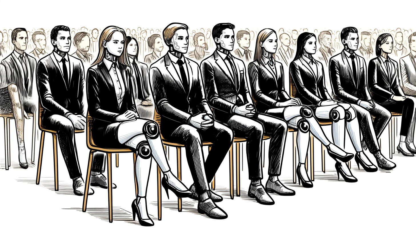 A sketchnote style illustration of a row of neatly dressed consultants sitting in an auditorium. The consultants, a mix of humans and androids, are mostly indistinguishable from each other in dress and form, except for a few androids which have subtle, visible robotic features like joint lines or a metallic sheen on parts of their faces and hands. All are wearing formal business attire. The drawing is hand-drawn with black ink on a white background, with selective color highlights for emphasis, designed in a 16:9 ratio.