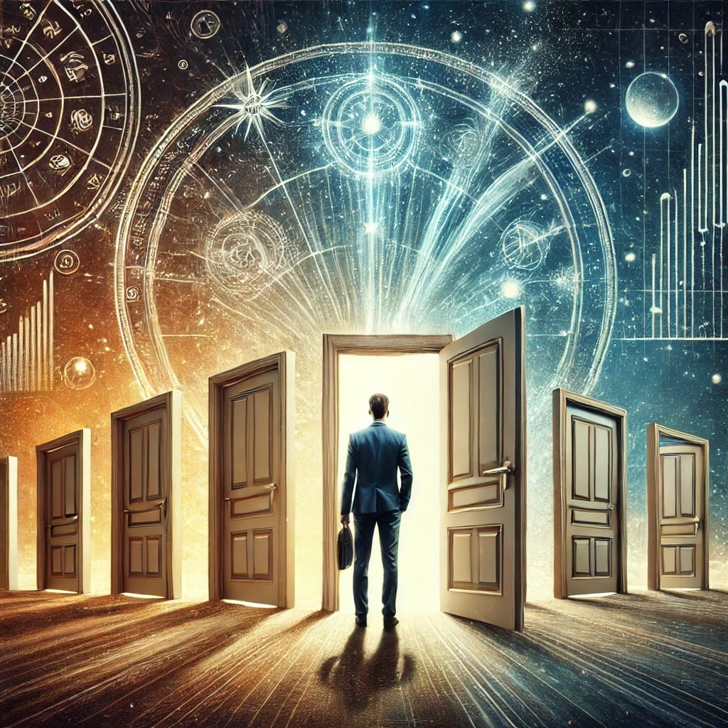 The image depicts a modern individual, regretful over missed opportunities, standing before a glowing door symbolizing a path to material success and spiritual bliss. Surrounded by cosmic symbols and a blend of ancient and modern elements, the scene reflects the harmony between Vedic wisdom, growth, and future opportunities. This image accompanies the article “Overcoming Missed Opportunities: Ensuring Future Success and Inner Bliss,” authored by Anish Prasad and published on astrojagriti.substack.com