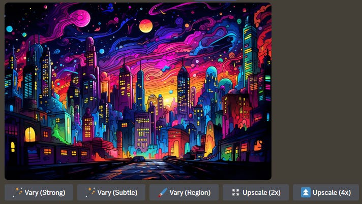 Neon cityscape in Midjourney with 2x and 4x upscale buttons visible