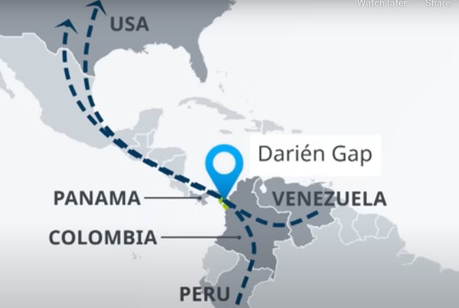 Map showing how traversing the Panamanian Darién Gap in the Pan-American Highway has become a major immigration route