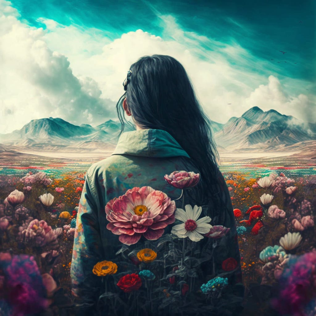 digital art image of woman with long black hair with her back to the viewer, standing in a field of lowers, with mountains and clouds in the background