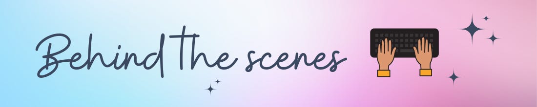 blue and pink gradient background with the title "Behind the scenes" and a small graphic of hands typing on a keyboard