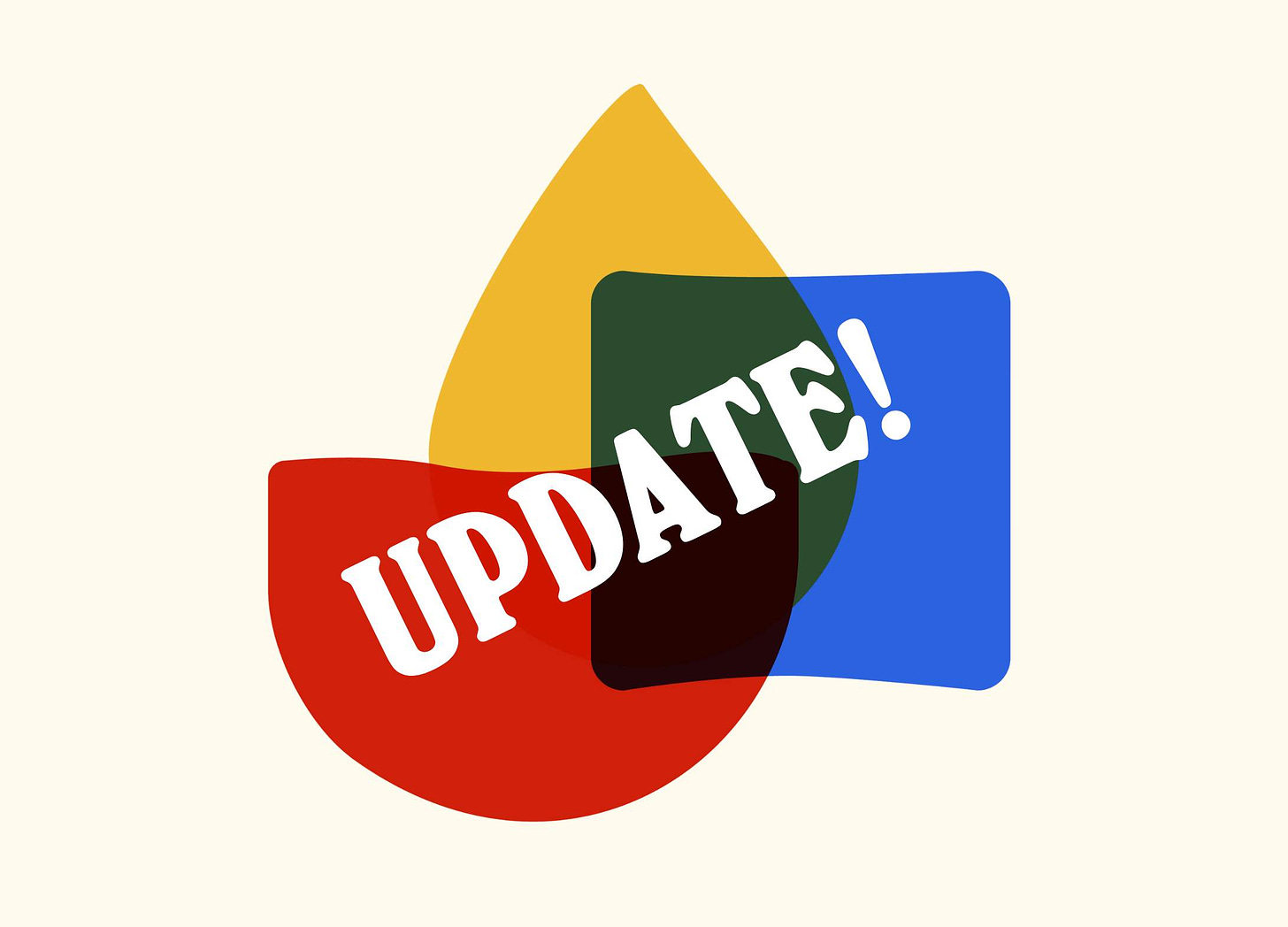 Red, yellow, and blue dumpling shapes on a cream background with the text "update!"