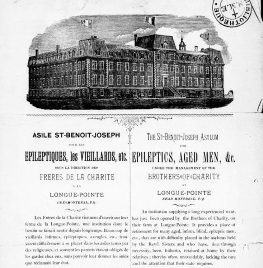 Advertisment for the Asile St. Benoit-Joseph-Labré 