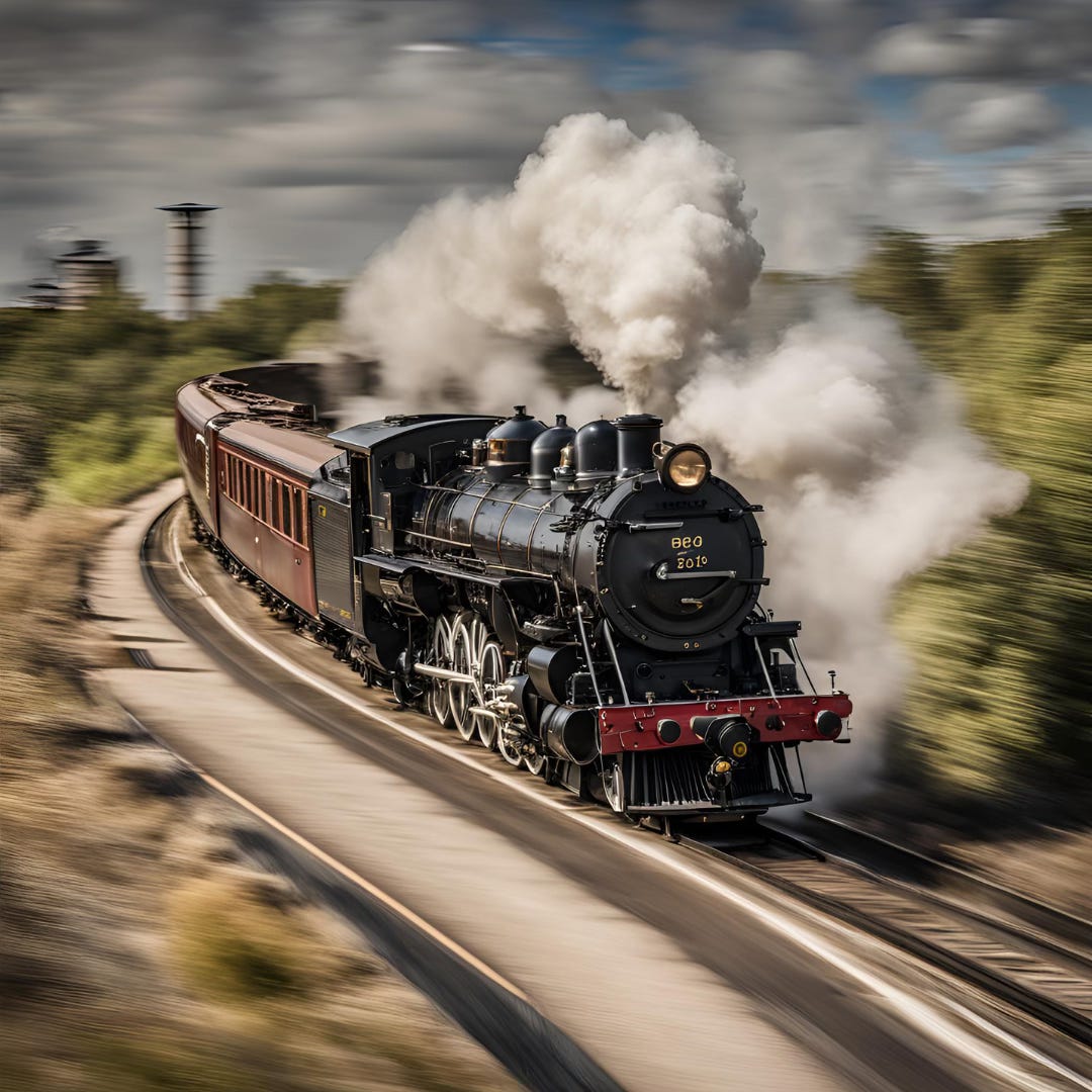 A steam locomotive barreling down the tracks