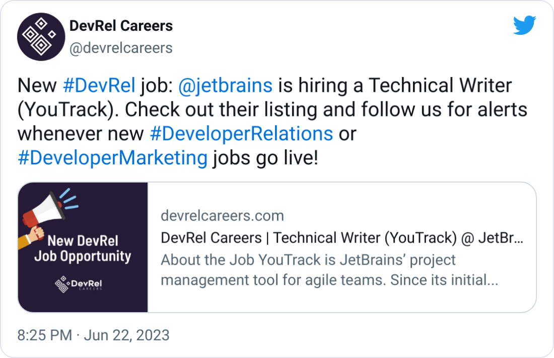 DevRel Careers @devrelcareers New #DevRel job:  @jetbrains  is hiring a Technical Writer (YouTrack). Check out their listing and follow us for alerts whenever new #DeveloperRelations or #DeveloperMarketing jobs go live!