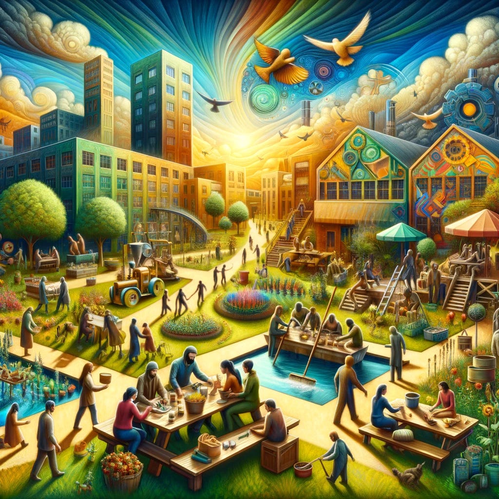 An artistic and symbolic representation of a voluntary society built on the Golden Rule. The image should depict a diverse group of people from various descents and genders, working together harmoniously. They are engaged in different community activities like building, teaching, sharing, and gardening, all in a spirit of cooperation and mutual respect. The setting is a vibrant and thriving community space with greenery, buildings, and communal areas, reflecting a sense of unity and shared purpose. This image should capture the essence of altruism, empathy, and respect for others, embodying the principles of the Golden Rule.