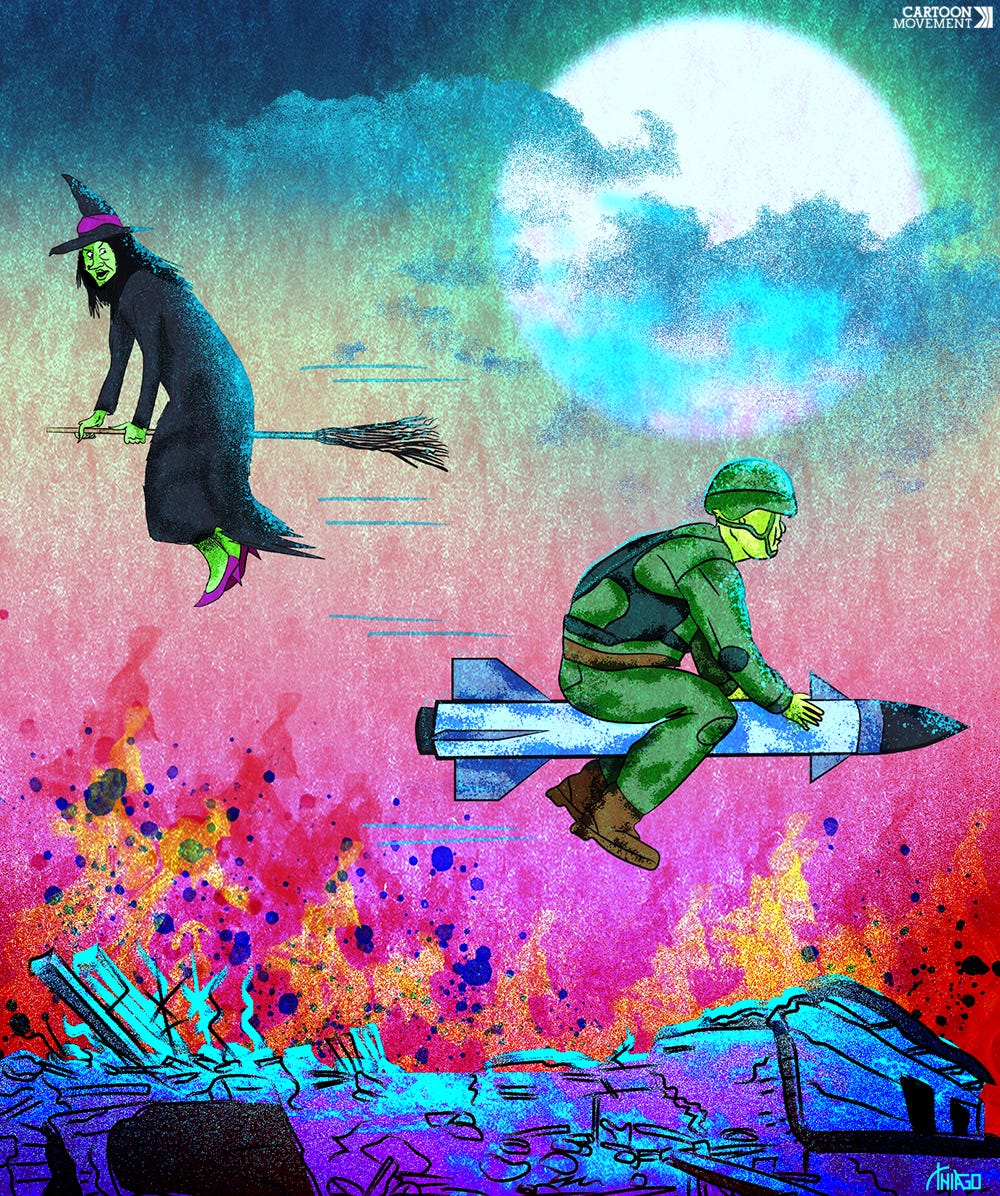 Cartoon about Halloween showing a witch riding a broomstick looking surprised as she passes an army soldier who is riding a rocket flying over a landscape in ruins.