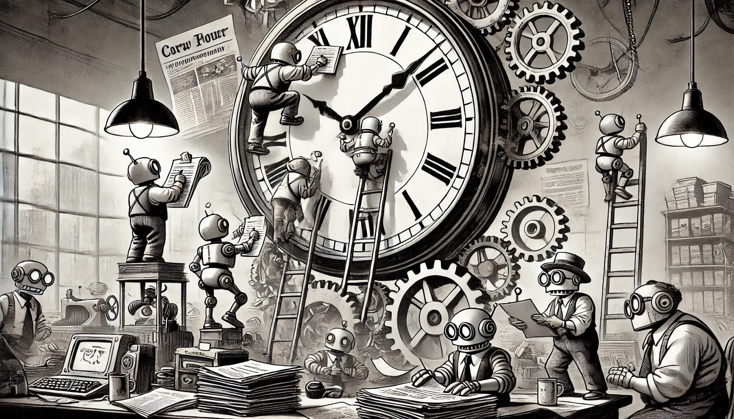 A black and white cartoon-style image with a vintage newspaper feel, depicting robots climbing a large clock. One robot is taking notes, suggesting they are keeping track of time in a busy office. The scene captures the urgency and hustle, with the robots scaling the clock's face and gears, while the clock's hands indicate a race against time. The style remains lively and animated, with a mix of vintage office elements and exaggerated, cartoonish robot characters. The overall atmosphere conveys the hectic pace and time-sensitive nature of the setting. The image is in a widescreen desktop format.