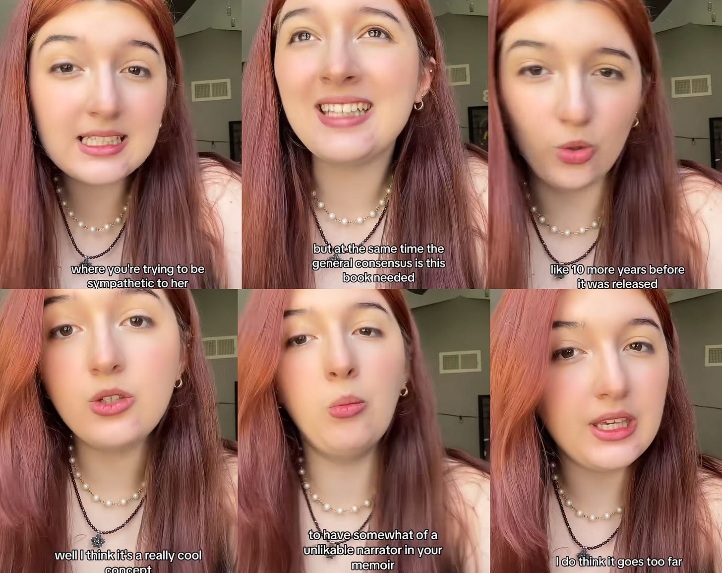 Screenshots of a TikTok reviewing the memoir, where a woman says, “you’re trying to be sympathetic to her [Anna], but at the same time the general consensus is that this book needed like 10 more years before it was released. While I think it’s really cool concept to have somewhat of an unlikeable narrator in your memoir, I do think it goes too far.” 