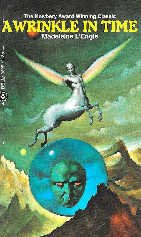 The book cover for “A Wrinkle in Time" shows a strapping centaur with delicate wings flying above a menacing green face with bright red eyes. In the background are fluffy greenish clouds and craggy mountains. The book title is in block, yellow letters, and the author’s name, Madeleine L’Engle, is in white letters. 