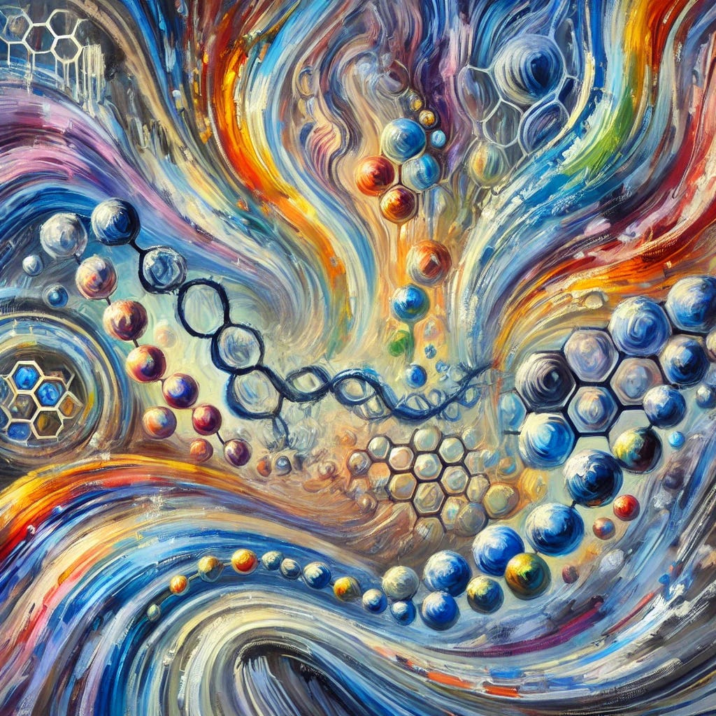 An abstract oil painting inspired by the theme of iodine's vital role in human health, featuring vibrant colours to represent cellular energy and hormonal balance. The painting includes thick, expressive brush strokes with dynamic patterns symbolising thyroid activity and cellular architecture. Contrasts of deep blues and purples (signifying iodine and health) interwoven with streaks of bright oranges, yellows, and whites (evoking vitality and optimal function). Subtle hints of green and grey tones in the background represent the impact of toxic halides, with balanced proportions to reflect iodine's therapeutic and historical significance. The composition flows in a wave-like motion to convey balance and interconnectedness.