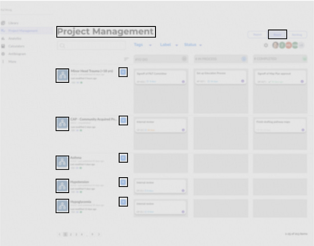 A sample blurred dashboard with a number of things listed on here. There are boxes around things that stand out to me, including these blue rectangles, a + button, and the title Project Management