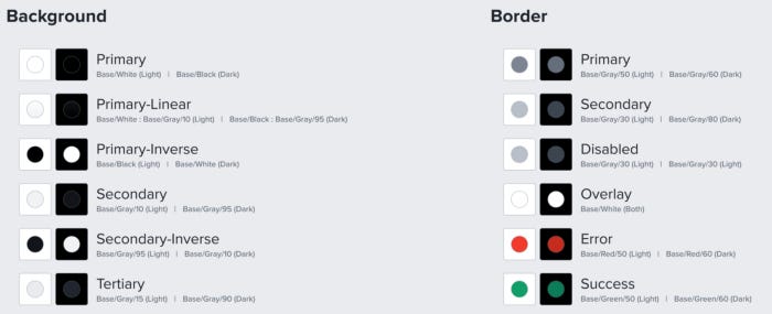 Twelve background and border tokens taken from the Obsidian Design Library in Figma including Dark and Light mode adaptations.