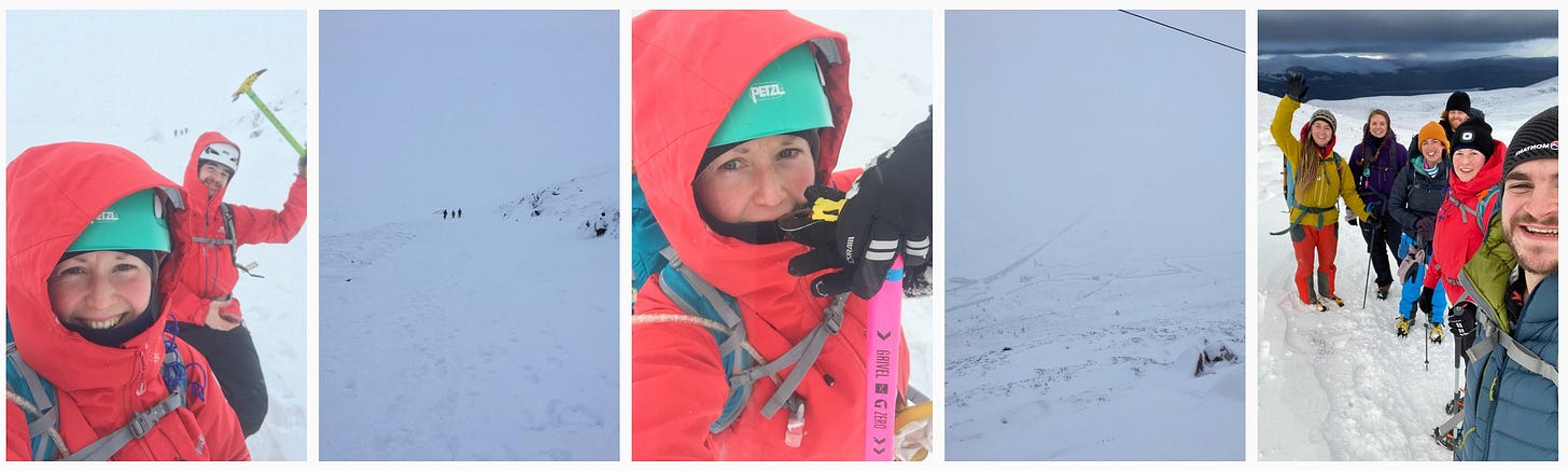 Images: 1. Me and B looking happy on the walk out; 2. The rest of the group; 3. Me wanting to show I can hold an ice axe; 4. The bottom of the valley with the ski tows and Shieling station just visible; 5. Our winter skills group with guide Alice Kerr after a happy day one.