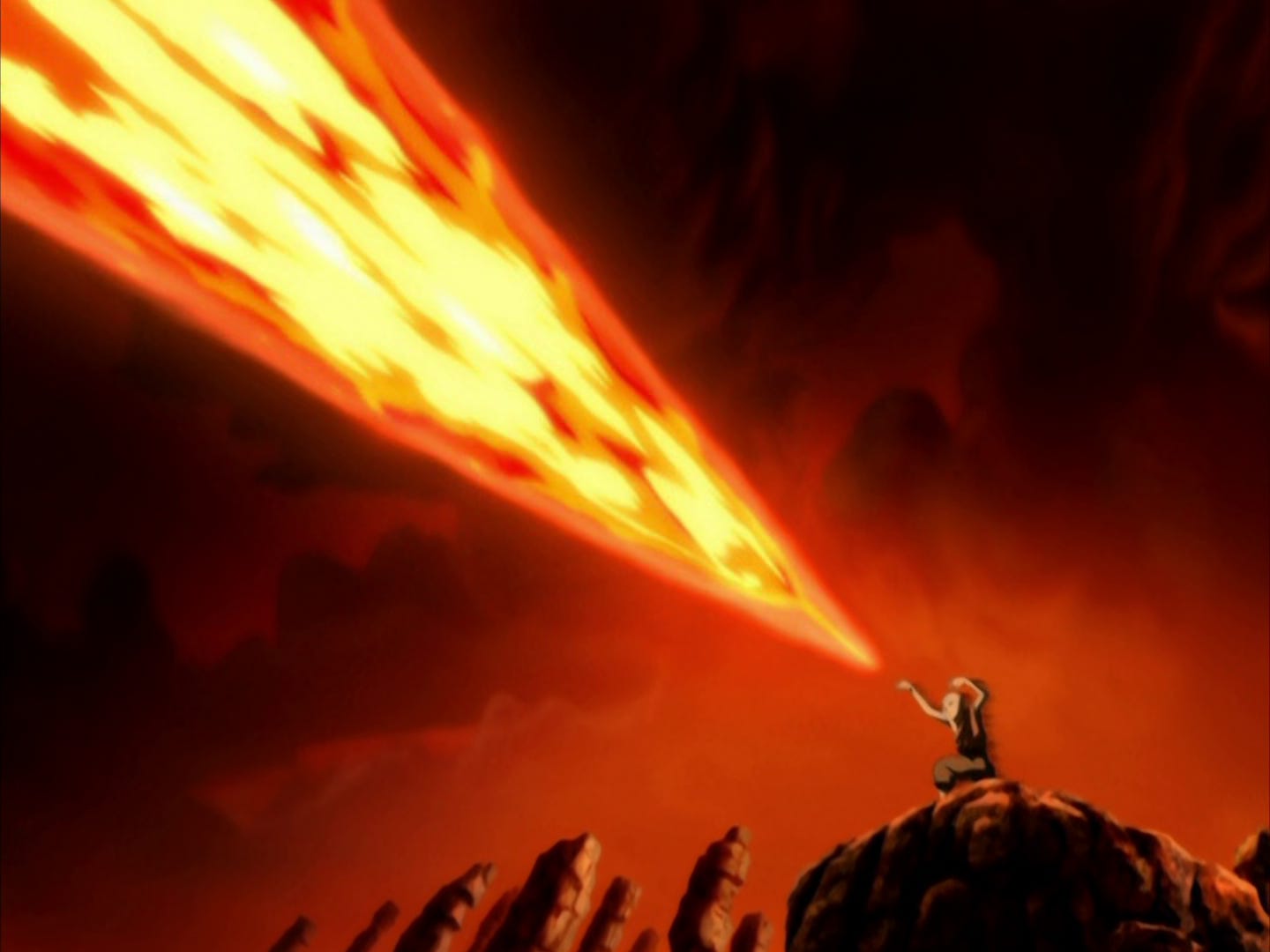 The sky reddened by Sozin's Comet, Aang perches on a clifftop and shoots a massive blast of fire upwards.