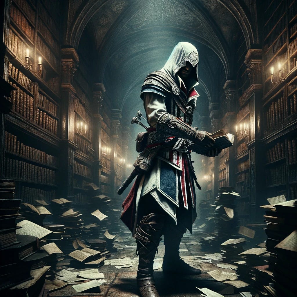 In a dimly lit corner of a vast, ancient library, a figure emerges from the shadows, dressed in the distinctive attire of an Assassin from the Assassin's Creed series. This solitary figure wears a hooded tunic, detailed with the historic and iconic symbols of the Brotherhood, along with leather bracers and boots, embodying the essence of a stealthy warrior. The library around him is alive with the chaos of swirling papers and books dislodged from their shelves, yet he remains a silent observer, hidden in the darkness. His posture is one of readiness, suggesting he is about to leap into action, yet he is deeply engrossed in a tome he holds, a contrast between the warrior's path and the pursuit of knowledge. The composition is intentionally off-center, with the figure positioned in the lower right, highlighting his detachment from the surrounding turmoil and his connection to the shadowy world he inhabits.