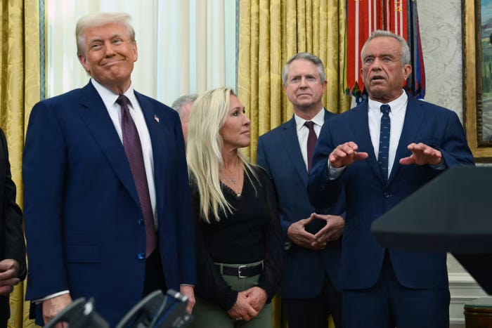 US President Donald Trump, Republican Marjorie Taylor Greene, and Kennedy, right, in the Oval Office.