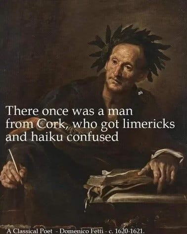 A painting of a scholarly looking man paused in reflective thought while writing in a large book. He is wearing a laurel wreath. The painting is called A Classical Poet by Domenico Felli - c. 1620-1621.

Written across the image:

There once was a man
from Cork, who got limericks 
and haiku confused