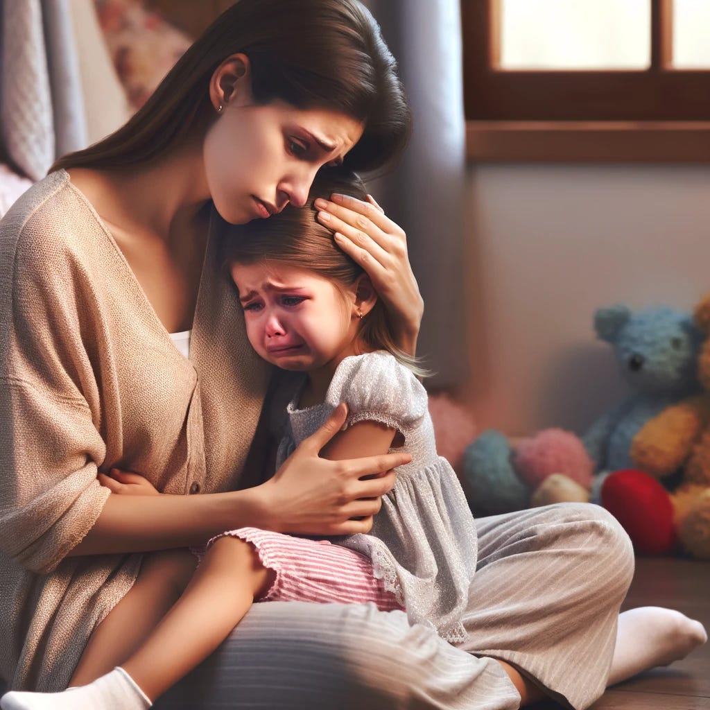 A tender scene of a mother comforting her 4-year-old daughter who is crying. The mother, with a gentle and understanding expression, is sitting on the floor, holding her daughter close in her arms. The daughter, with tears in her eyes, is being soothed by her mother's embrace, slowly calming down from her upset state. They are in a warmly lit room that feels safe and comforting, possibly the child's bedroom, surrounded by soft toys and colorful decorations that create a nurturing atmosphere. This moment captures the powerful emotional support a mother provides, showing the strength of the bond between parent and child during times of distress.