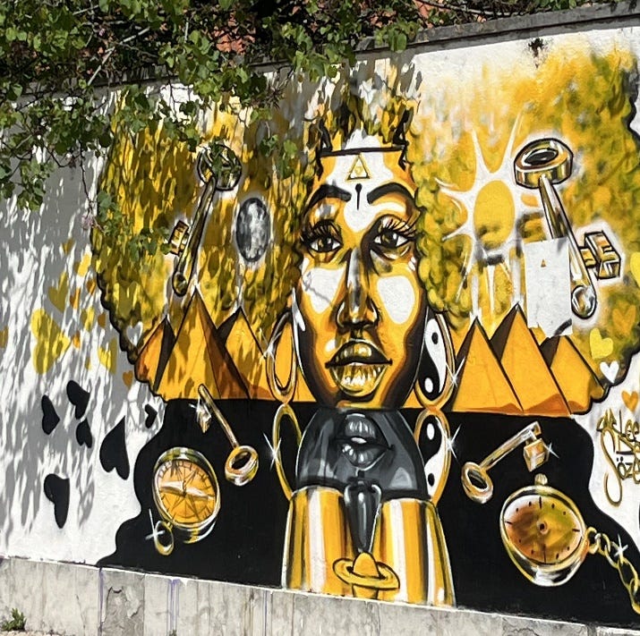 A mural of a person with a yellow face