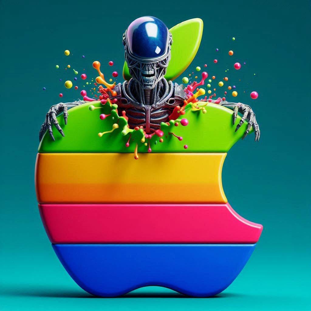 A funny, cute, colourful image of a robot/AI looking "Alien" emerging from the old colourful Apple logo, resembling emergence of the Alien from the chest in the Aliens movie, really exploding out of the top of the Apple logo, make it look more robot than alien