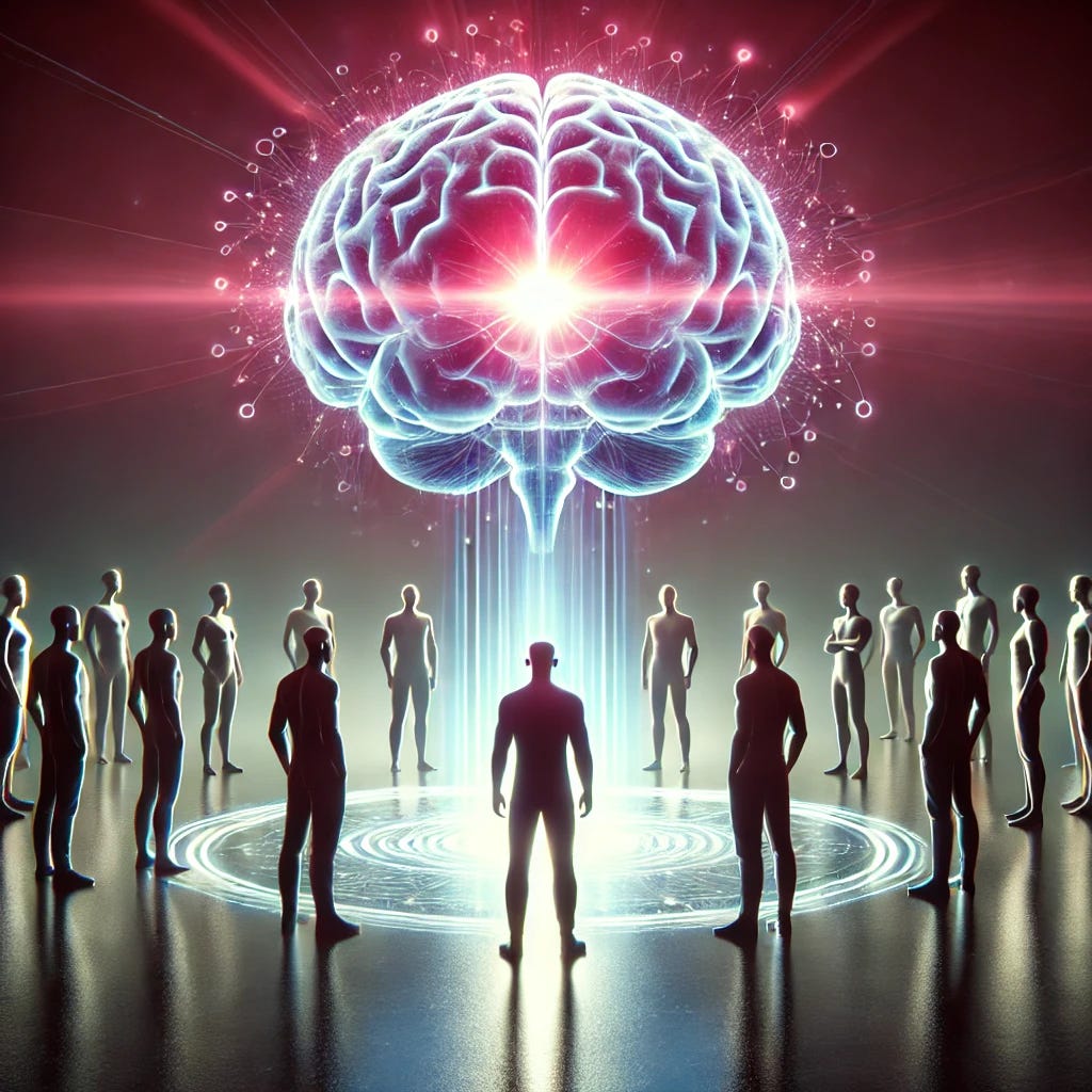 Silhouettes of a few people standing in a circle with their brains glowing. In the center of the circle is a large, glowing superbrain emitting a radiant light. The scene has a futuristic and slightly ethereal atmosphere with a dark background that highlights the glowing brains and superbrain, with no lens flares.