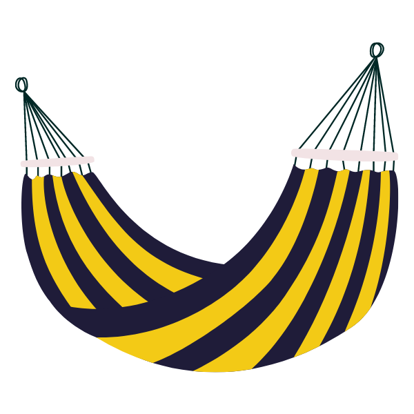 A yellow and purple striped hammock with strings at either end
